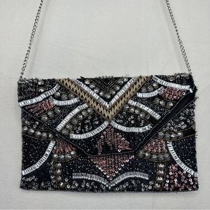 10.5x7 Clements Ribeiro Onyx Black Colorful Beaded Crossbody Silver Chain Fancy